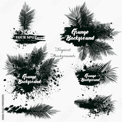 Set of grunge tropical backgrounds with palm leafs. Hawaii theme