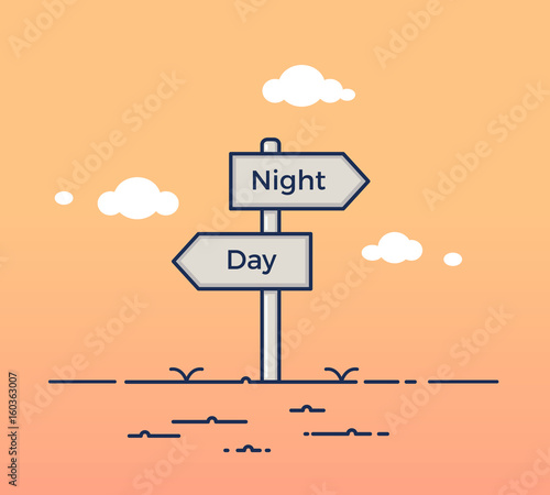 Signpost at sunset pointing to 2 opposite directions between night and day. Vector illustration concept