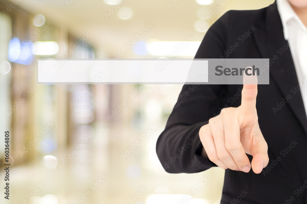 Businesswoman hand touching blank search bar over blur background, business and technology concept, search engine optimization, web banner Businesswoman hand touching blank search bar over blur background, business and technology concept, search engine optimization, web banner