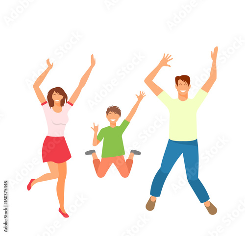 Father  Mother and Son Jumping. Happy Active Family Isolated