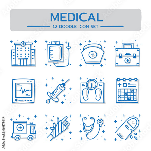Doodle vector line icons set of Medical