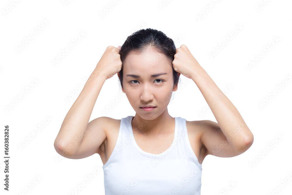 asian woman strain with thinking isolated on white background asian woman strain with thinking isolated on white background