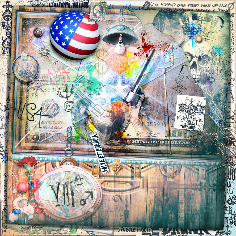 Obraz premium Murales-street art with firearms, pistolers, scenes of war and battles series