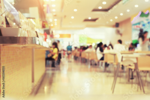 Food court or foodcourt interior blurred background. May called restaurant or canteen include coffee shop with table, people at indoor plaza, mall, store or shopping center in Chiang mai of Thailand. photo