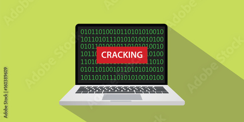 cracking concept illustration with laptop comuputer and text banner on screen with flat style and long shadow