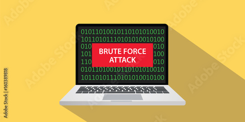 brute force attack concept illustration with laptop comuputer and text banner on screen with flat style and long shadow