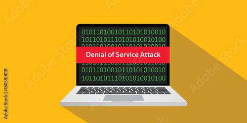 denial of service attack dos concept illustration with laptop comuputer and text banner on screen with flat style and long shadow