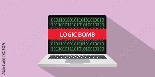 logic bomb concept illustration with laptop comuputer and text banner on screen with flat style and long shadow