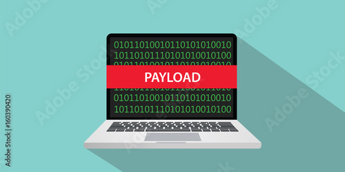 payload concept illustration with laptop comuputer and text banner on screen with flat style and long shadow