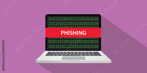 phishing concept illustration with laptop comuputer and text banner on screen with flat style and long shadow