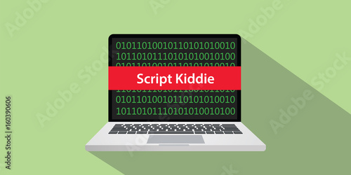 script kiddie concept illustration with laptop comuputer and text banner on screen with flat style and long shadow