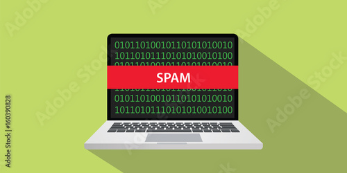 spam concept illustration with laptop comuputer and text banner on screen with flat style and long shadow