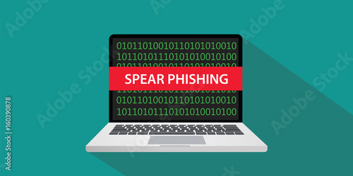 spear phishing concept illustration with laptop comuputer and text banner on screen with flat style and long shadow