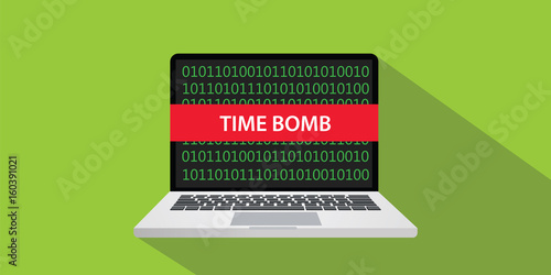 time bomb technique concept illustration with laptop comuputer and text banner on screen with flat style and long shadow
