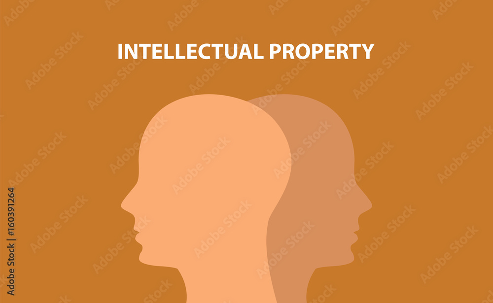 intellectual property concept illustration with human head silhouette and text over it with brown background