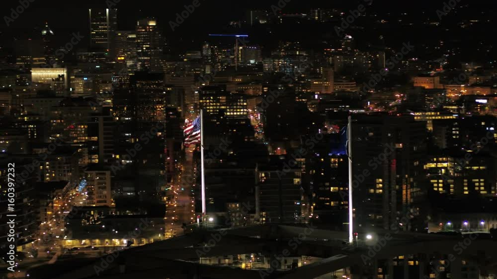 Portland Aerial v94 Closeup shot of flying around Fremont Bridge flags with cityscape views at night Portland Aerial v94 Closeup shot of flying around Fremont Bridge flags with cityscape views at night