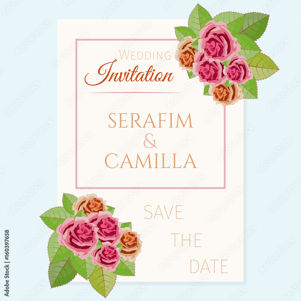 Wedding invitation executed in pastel tones and decorated by roses.