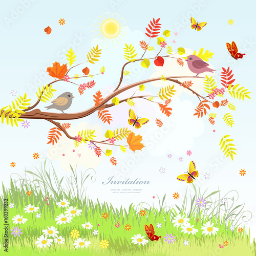 cute greeting card with lovely scenery autumn branch tree and bu