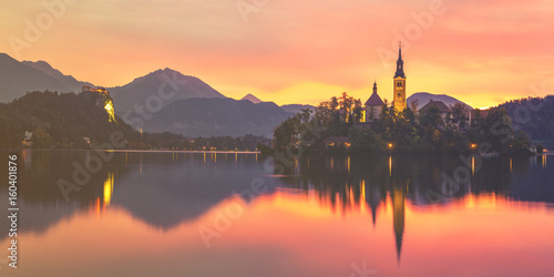 Fairytale, multi-colored dawn over Lake Bled in Slovenia,vintage retro color tone