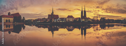 Wroclaw, Poland- Panorama of the historic and historic part of the old town "Ostrow Tumski",vintage retro color tone