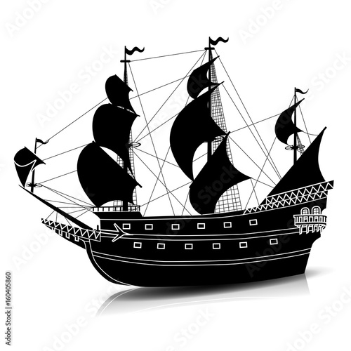 silhouette vintage sailing ship with reflection
