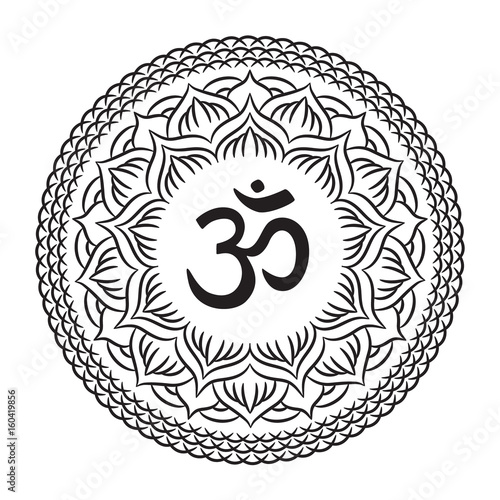 Mandala frame with Om symbol. Hand drawn oriental ornament for greeting card, invitation, coloring book, yoga poster.