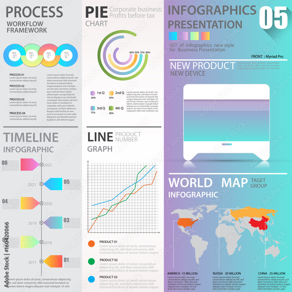 Obraz premium Business graphics data element templates sets, chart , graph , timeline , infographics , gradient colors style