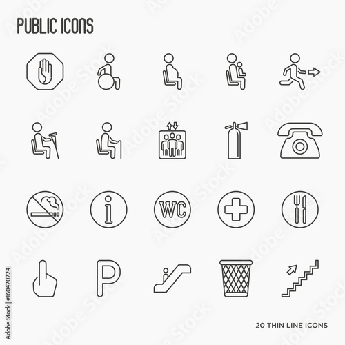 Public, warning and priority seats signs. Thin line vector illustration.