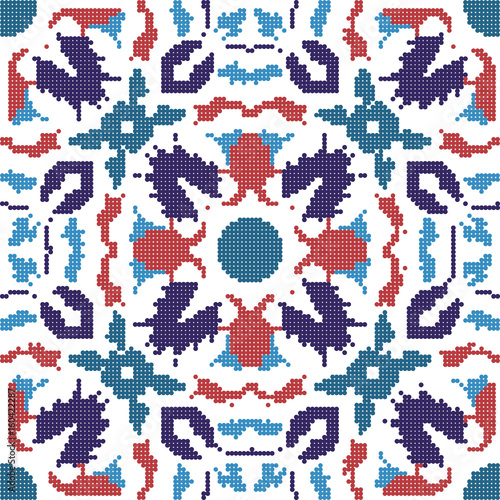 Halftone colorful seamless retro pattern round flower leaf kaleidoscope