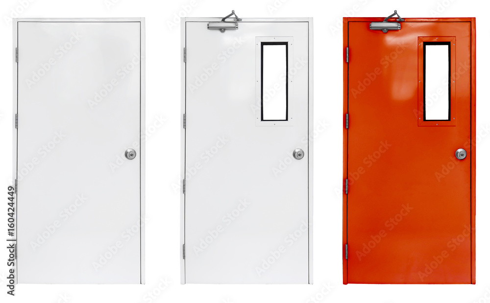 Obraz premium Variation of fire exit door in condominium or apartment for emergency fire alarm, isolate on white