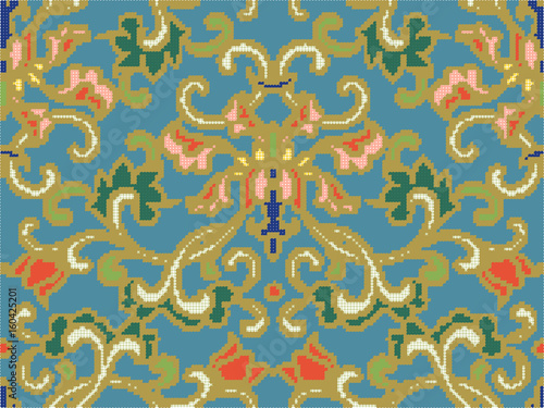 Halftone colorful seamless retro pattern oriental Chinese traditional botanic spiral flower leaf chintz