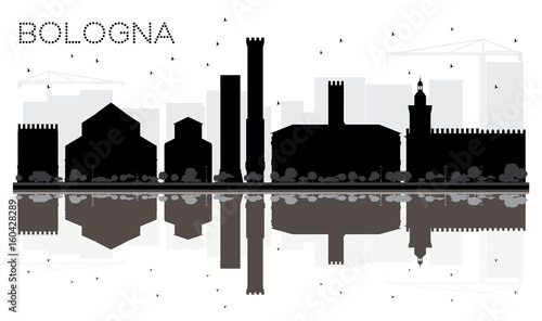 Bologna City skyline black and white silhouette with Reflections.