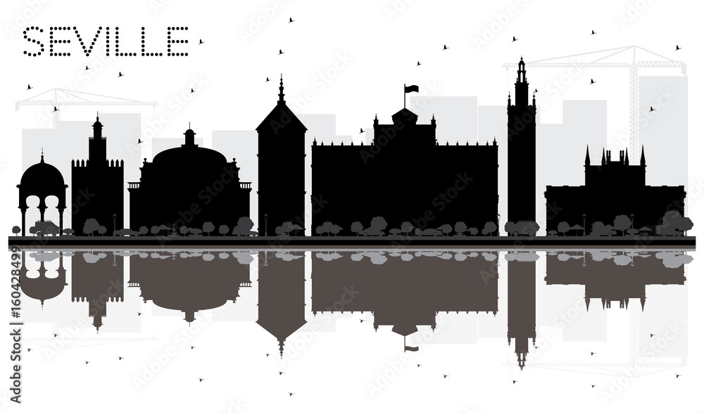 Naklejka premium Seville City skyline black and white silhouette with reflections.