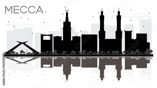 Mecca City skyline black and white silhouette with reflections.