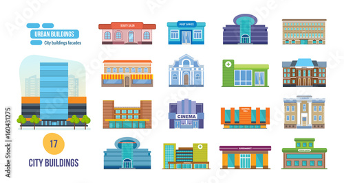 Urban buildings: salon, post, cinema, school, hotel, shop, museum, library.