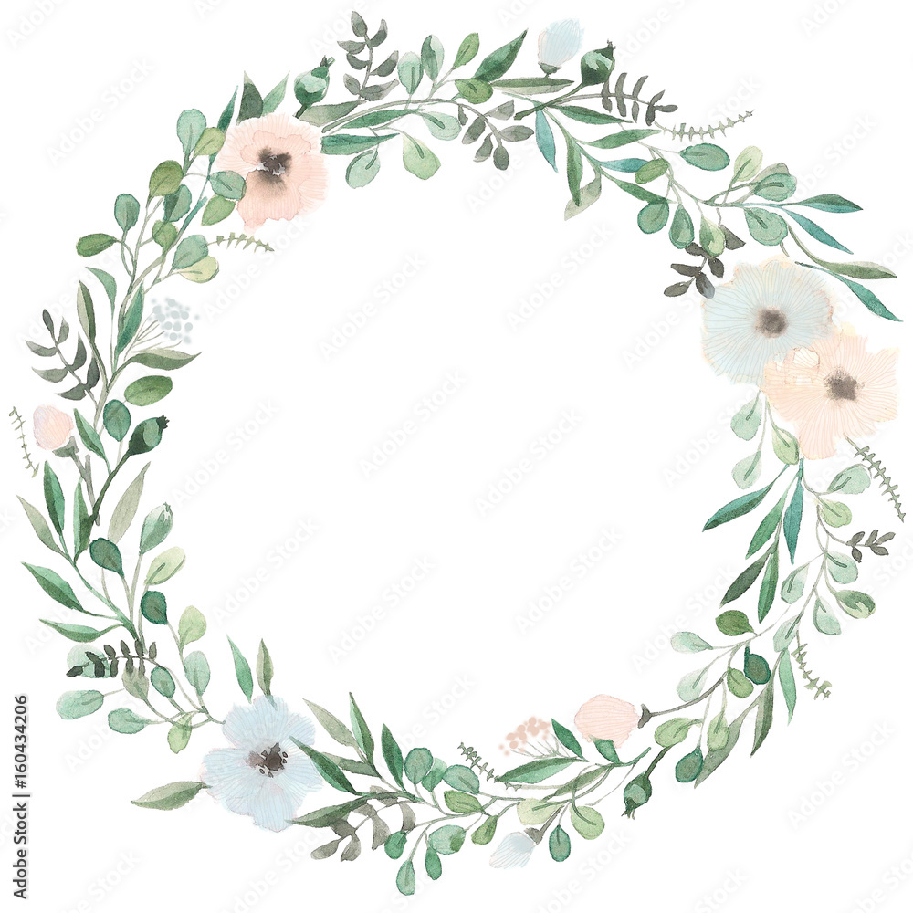 Flowers set. Beautiful wreath. Elegant floral collection with isolated blue,pink leaves and flowers, hand drawn watercolor. Design for invitation, wedding or greeting cards