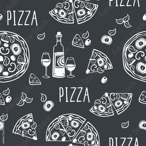 Seamless pattern with pizza for pizzeria menu  textile  wallpapers  gift wrap and scrapbook. Hand drawn with chalk on the blackboard. Black and white.Vector illustration.