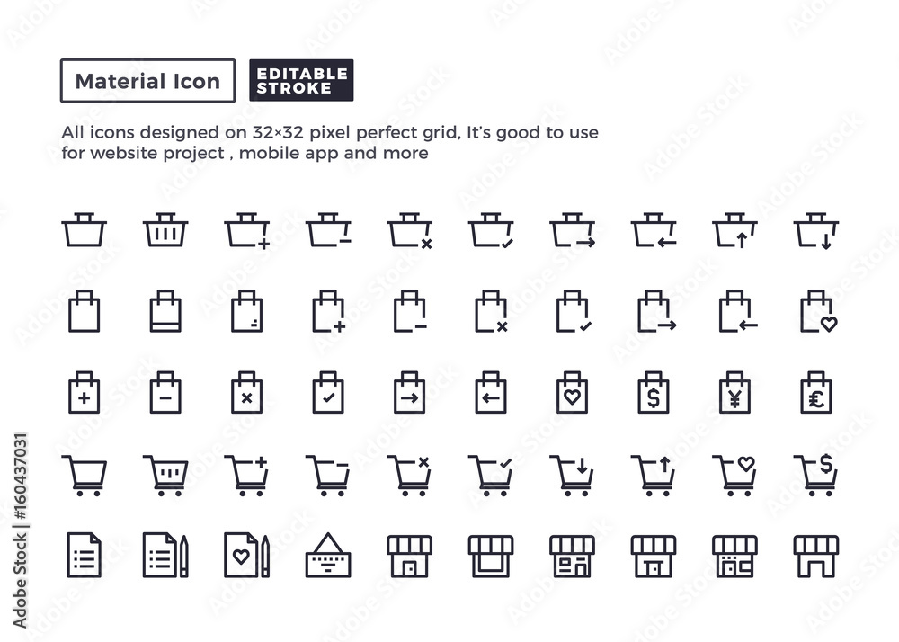 Shopping and ECommerce Icon.Material Outline Icons set for website and mobile app ,Pixel perfect icon, Editable Stroke.