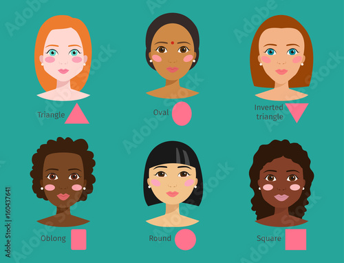 Set of different woman face types vector illustration character shapes girl makeup beautiful female