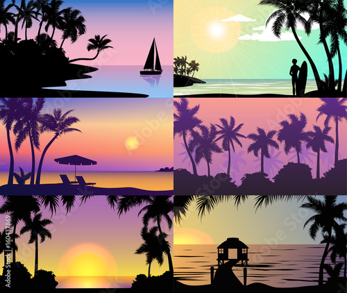 Summer night time sunset vacation nature tropical palm trees silhouette beach landscape of paradise island holidays vector illustration.