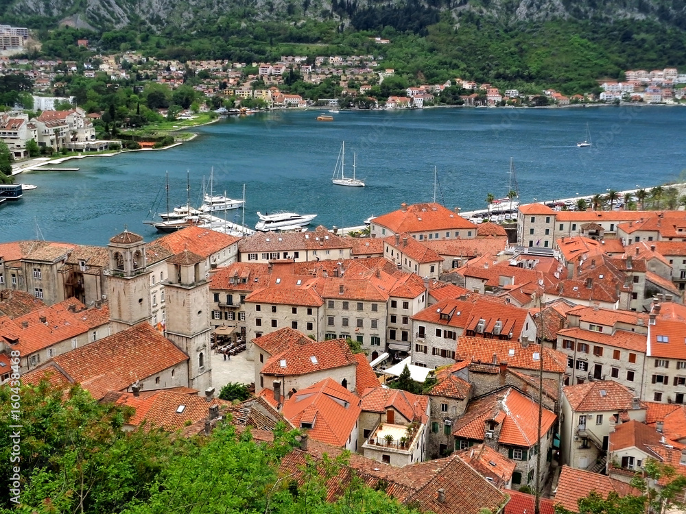 Stunning Aerial View of Kotor Old Town and Bay of Kotor Seen from the Fortification, Kotor, Montenegro 