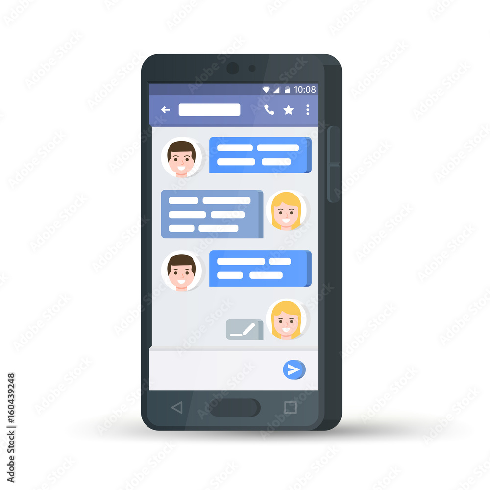 Black 3d mobile phone. Social network concept. Messenger window. Chating and messaging concept. Blue chat boxes. Message exchange. Vector illustration. Black 3d mobile phone. Social network concept. Messenger window. Chating and messaging concept. Blue chat boxes. Message exchange. Vector illustration.