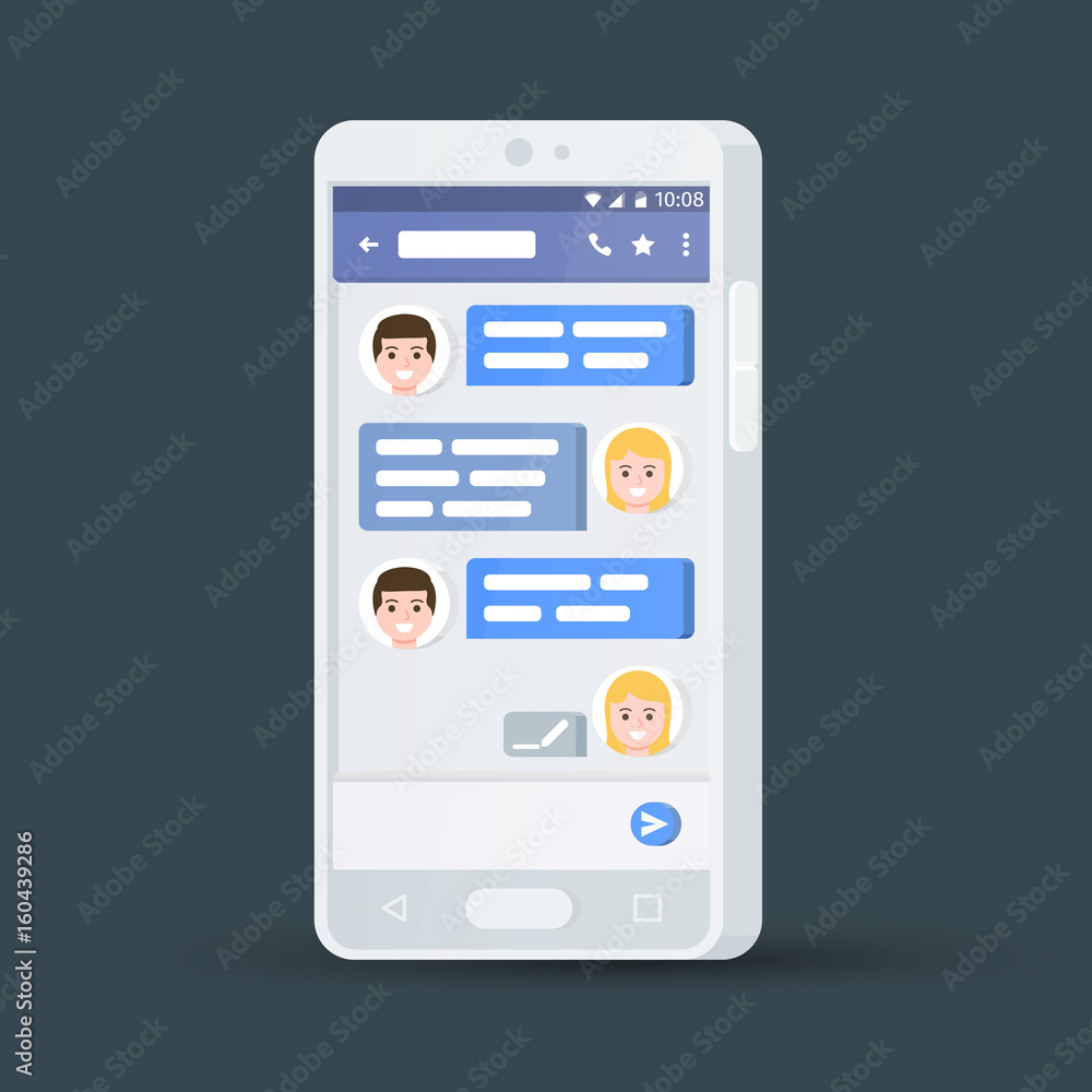 White 3d mobile phone. Message exchange. Social network concept. Messenger window. Chating and messaging concept. Blue chat boxes. Vector illustration. White 3d mobile phone. Message exchange. Social network concept. Messenger window. Chating and messaging concept. Blue chat boxes. Vector illustration.