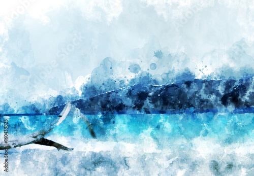 Sand beach at the island,  blue water in the sea, digital watercolor painting © pomiti
