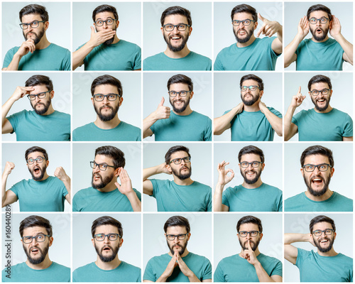 Set of young man's portraits with different emotions photo