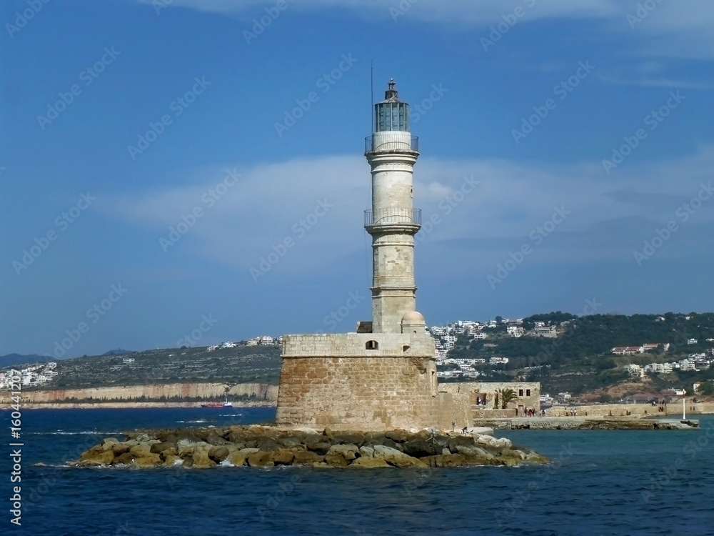 Venetian Lighthouse of Chania, Historic Landmark at the Chania Old Port on Crete Island, Greece 
