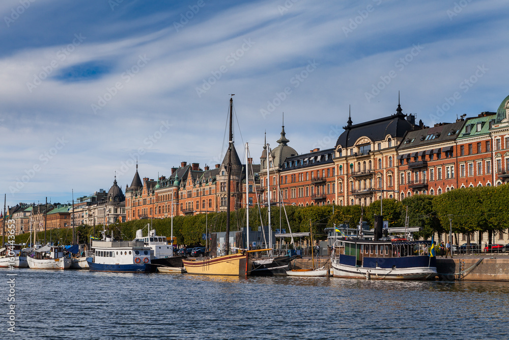 STOCKHOLM - SEPTEMBER, 15, 2016: Boats along street of Stockholm