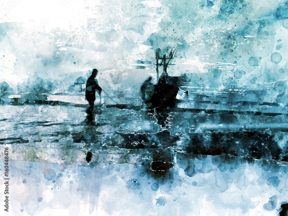 Obraz Łódź rybacka w morzu na białym tle, cyfrowy akwarela obraz