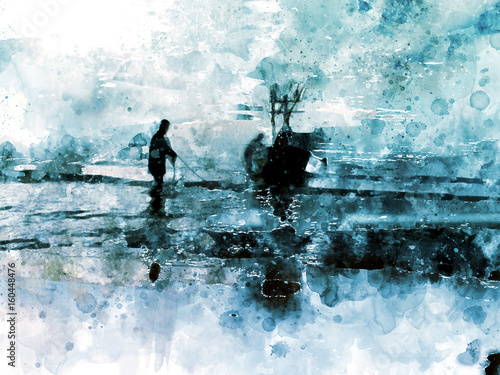 Obraz na płótnie Łódź rybacka w morzu na białym tle, cyfrowy akwarela obraz
