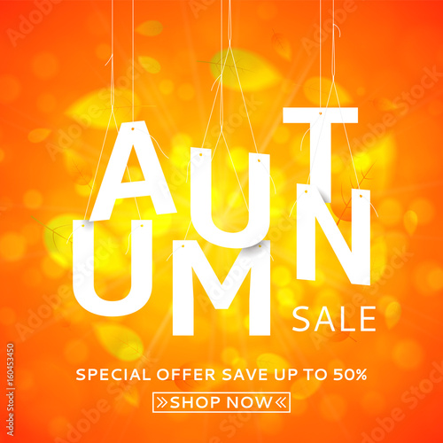 Beautiful autumn banner for sale. Bright orange background with the falling leaves. Vector illustration with papper white letters. Seasonal offer with discounts.